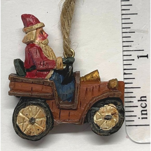 Vintage Mini Christmas Tree Ornament Santa Driving Car 2" Tall Carved Style - Picture 4 of 5
